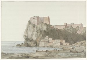 Arrotos na cidade Scilla in de regio Calabrië aan de westkust Rock & Town of Scilla na Calábria; vista tirada do lado do pôr do sol (título no objeto) Viagens na Itália, Sicília e Malta - 1778 (título da série)
