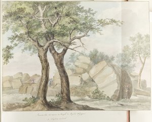Templo de Ruïne van Zeus Olympus em oude Agrigento Primeira Vista das Ruínas do Templo de Júpiter Olímpico (título no objeto) Viagens na Itália, Sicília e Malta - 1778 (título da série) de Louis Ducros
