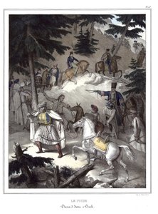 Le Pinde, traversee de Janina a Tricala. em "Journey to Athenes and Constantinople, ou coleção de retratos gregos e otomanos, vistas e figurinos, pintados em lugares depois da natureza, litografias e colórias de Louis Dupre (1789-1837), aluno de David.1825 de Louis Dupré