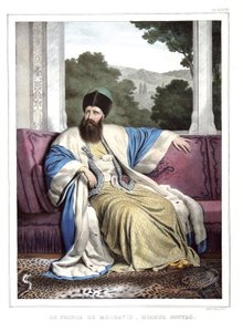 O Príncipe da Moldávia, Michael Soutzo (1729-1830). em "Journey to Athenes and Constantinople, ou coleção de retratos gregos e otomanos, vistas e figurinos, pintados em lugares pela natureza, litografias e colórias de Louis Dupre (1789-1837), aluno de Dav de Louis Dupré