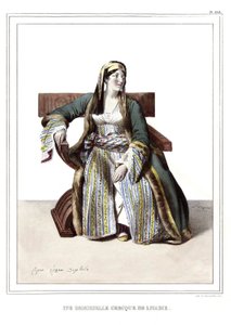 Uma senhora grega de Livadie. em "Journey to Athenes and Constantinople, ou coleção de retratos gregos e otomanos, vistas e fantasias, pintados em lugares da natureza, litografias e colórias por Louis Dupre (1789-1837), aluno de David.1825. de Louis Dupré