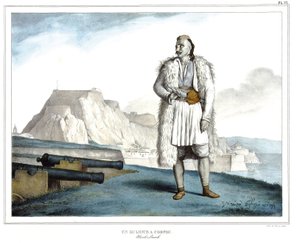 Um Suliote em Corfu, Nicolo Pervoli, em "Journey to Athenes and Constantinople, ou coleção de retratos gregos e otomanos, vistas e figurinos, pintados em lugares depois da natureza, litografias e colórias de Louis Dupre (1789-1837), aluno de David.1825. de Louis Dupré