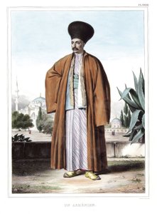 Um armênio. em "Journey to Athenes and Constantinople", ou coleção de retratos gregos e otomanos, vistas e figurinos, pintados em lugares depois da natureza, litografias e colórias de Louis Dupre (1789-1837), aluno de David.1825.