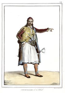 Chef do Palikares de la Scllade, em "Journey to Athenes and Constantinople, ou coleção de retratos gregos e otomanos, vistas e figurinos, pintados em lugares depois da natureza, litografias e colórias de Louis Dupre (1789-1837), aluno de David.1825. de Louis Dupré