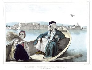 O palácio e a fortaleza de Janina, vista do lago. Um turco e um jovem grego. em "Journey to Athenes and Constantinople, ou coleção de retratos gregos e otomanos, vistas e fantasias, pintados em lugares depois da natureza, litografias e colórias por L de Louis Dupré