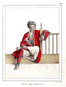 Jovem grego tessaliano. em "Journey to Athenes and Constantinople, ou coleção de retratos gregos e otomanos, vistas e fantasias, pintados em lugares depois da natureza, litografias e colórias por Louis Dupre (1789-1837), aluno de David.1825. de Louis Dupré