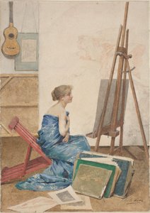 Estúdio de um pintor com um modelo envolto em seda japonesa