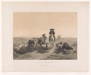 Agricultor e pastor com vacas e ovelhas a caminho do mercado
En route pour le marché (título sobre o objecto) de Louis Emmanuel Soulange Teissier