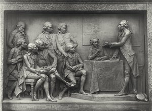 Antoine Laurent Lavoisier (1743-94) explicando a sua análise do ar aos seus colegas (bronze) (foto a p/b)