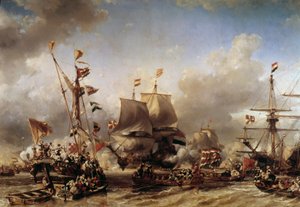 Guerra Anglo-Holandesa: "Embarque do almirante holandês Michel Adrien Ruyter (1607-1676) e William de Witt para a Batalha de Texel" Pintura de Louis Gabriel Eugene Isabey (1803-1886) Toulon do século XIX, museu naval