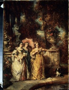 "The Stroll" Três jovens raparigas de uma boa família num parque. Pintura de Louis Gabriel Eugene Isabey (1803-1886) 1852 Museu Pushkin, Moscovo de Louis Eugene Gabriel Isabey