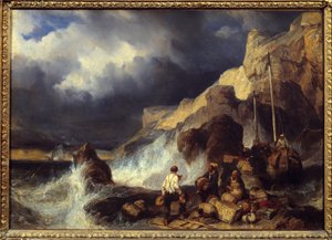 Contrabandistas que transportam mercadorias. Pintura de Louis Gabriel Eugene Isabey (1803-1886) de Louis Eugene Gabriel Isabey