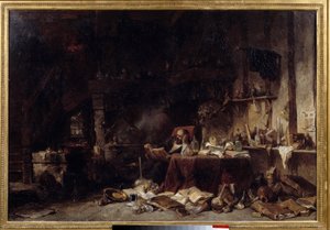 A oficina do alquimista Está cheia de frascos, frascos, stills. pintura de Louis Gabriel Eugene Isabey (1803-1886) 1848 Sol. 0,66x0,99 m Lille musee des beaux arts.
