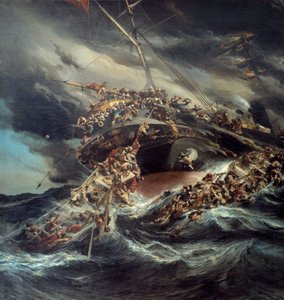O incêndio do navio naufragado Austria Scene de um navio que os passageiros tentam escapar nos barcos no mar demoníaco. Detalhe. Pintura por Eugene Isabey (1803-1886)