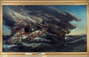 O incêndio do navio naufragado Austria Scene de um navio que os passageiros tentam escapar nos barcos no mar demoníaco. Pintura por Eugene Isabey (1803-1886)