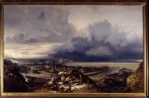 Vista do porto de Dieppe na Normandia Lavandieres lavando a roupa nas docas. Pintura de Louis Gabriel Eugene Isabey (1803-1886) 1842 Sol. 1,64x2,51 m Nancy, musee des Beaux Arts de Louis Eugene Gabriel Isabey