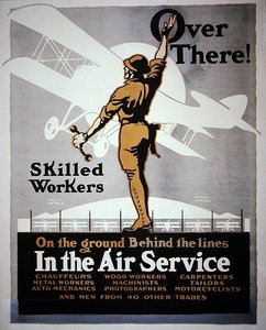 "Trabalhadores qualificados em terra atrás das linhas no serviço aéreo", cartaz de recrutamento da Primeira Guerra Mundial