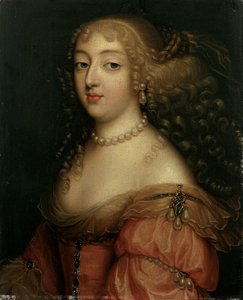 Retrato de uma senhora, dita Laura Mancini, duquesa de Mercoeur, comprimento do busto, em um vestido vermelho, com um colar de pérolas e brincos