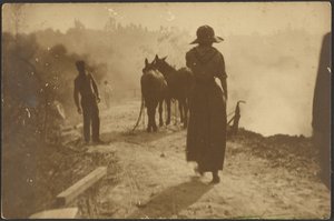 [Cena numa quinta com uma mulher a caminhar em direção aos cavalos] de Louis Fleckenstein