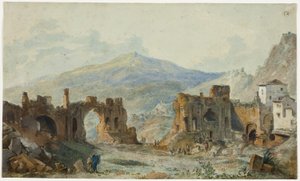 O antigo teatro de Taormina com vista para o Etna, estudo para a Viagem Pitoresca de Nápoles e da Sicília de Saint Non de Louis Francois Cassas