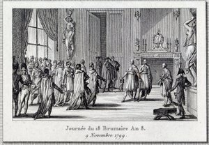 Consulado: "Napoleão Bonaparte (1769-1821) na reunião de Saint Cloud nos 18 brumaire (11/9/1799)" O golpe de Estado dos 18 brumaire por Napoleão Bonaparte no Conselho de Cinco Cêntimos (Cinco Cêntimos) (sala de 500), protegido por grenadiers, termina o D de Louis Francois Couche