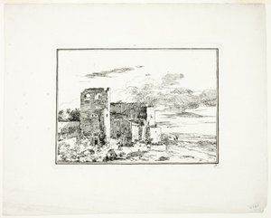 Edifícios em ruínas perto de uma margem de rio, placa 9 de Quatrieme suite de paysages dessinés et grave a l