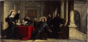 Santa Escolástica obtém chuva e trovões do céu para impedir que São Bento a abandone. Esboço para a pintura no refeitório da Abadia de Saint-Martin-des-Champs, cerca de 1706 (óleo sobre tela)