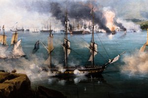 A batalha de Navarin; vista da ponta sul da ilha de Sphacteria