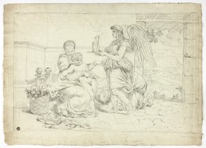 Sagrada Família com Anjo Portador de Esgoto (anverso); metade direita de esboço para luneta (verso) de Louis Gauffier