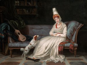 Retrato de Elizabeth, Lady Webster, mais tarde Lady Holland, em um vestido branco com seu spaniel Pierrot, c.1795