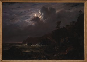 Vista de Kullen na Suécia. Contrabandistas escondendo seus bens entre as rochas. Luar de Louis Gurlitt