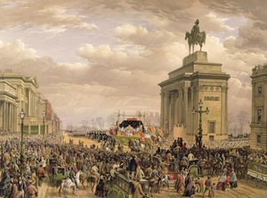Funeral do duque de Wellington, o carro fúnebre passando o arco em Apsley House, 18 de novembro de 1852, gravado por Thomas Picken (fl.1838-1870), pub. por Ackermann e Day, 1853