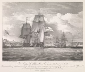 O HMS "Shannon" conduzindo a sua presa, a fragata americana "Chesapeake" (1806), para o porto de Halifax, Nova Escócia, em 6 de junho de 1813, c.1815 (litografia) de Louis Haghe