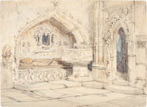 Interior de uma igreja com um túmulo de parede e fonte medieval de Louis Haghe