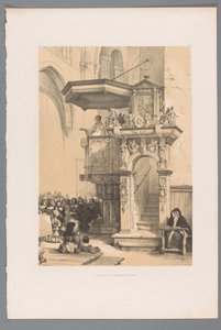 Padre dirige-se a uma multidão do púlpito na Catedral de Trier La chaire de la Cathédrale de Trèves (título no objeto) de Louis Haghe