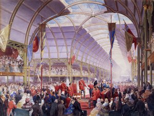 Sir Thomas Fairbairn entregando o discurso ao Príncipe Consorte na Exposição de Tesouros de Arte, Manchester, maio de 1857 (lápis, aguarela e guache sobre papel) de Louis Haghe