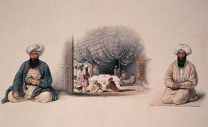 Khan Shereen Khan e Hagee Khan Kaiker flanqueando uma vista Interior do Túmulo de Dost Mohamed, de Characters and Costumes of Afghuanistan" escrito pelo Capitão Lockyer Willis Hart, publicado em 1843 (cor litho) de Louis Hague