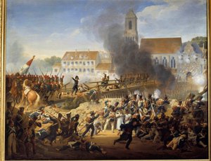Passando a Ponte Landshut em 21/04/1809, o General Mouton dirigiu os granadeiros do 17º Regimento de Pintura de Linha por Louis Hersent (1777-1860)