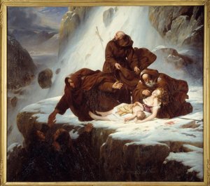 Os religiosos no hospício de São Gotardo (San Gottardo) dando alívio às famílias afetadas pelos bandidos Pintura por Louis Hersent (1777-1860) 1824