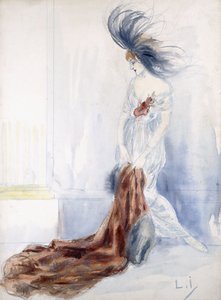 Senhora Elegante com Chapéu de Ameixa e Casaco de Pele de Louis Icart