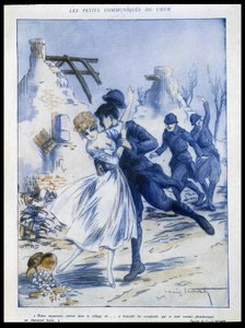 Soldados entrando na cidade, um beijando uma mulher, "encantador despojo", Ilustração de Louis Icart (1888-1950) Em "Fantasio" 15/12/1915 de Louis Icart