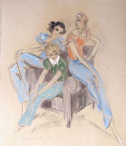 Três meninas sentadas em uma poltrona de Louis Icart
