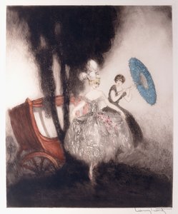 Duas raparigas a prepararem-se para entrar num carro de transporte de Louis Icart