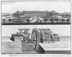 Uma fábrica de papel, ilustração da "Enciclopédia de Ciências e Metros" de Denis Diderot (1713-84) gravada por Robert Benard (fl.1734), publicada em c.1770