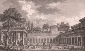 Reconstrução ideal da Villa de Diomedes em Pompeia para o seu estado original antes da erupção vulcânica do Monte Vesúvio em 79 d.C., Campania, Itália, gravura após desenho de Louis Jean Desprez (1743-1804), cerca de 21x34 cm de Louis Jean (after) Desprez