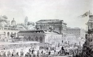 Antiguidades encontradas no Herculano sendo transportadas para o Museu de Nápoles, c.1782 (caneta, tinta e aquarela sobre papel) de Louis Jean Desprez