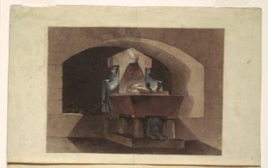 Desenho, Sepulcro em estilo egípcio com cariátides e um leão, ca. 1779-84 de Louis Jean Desprez