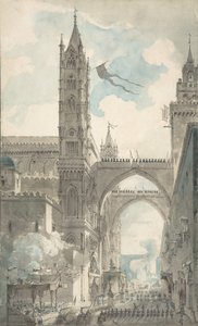 Vista do Portal e Entrada Principal da Catedral de Palermo durante o Festival..., n.d. de Louis Jean Desprez