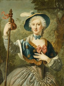Retrato de uma senhora, comprimento de três quartos, vestido como um peregrino e usando um chapéu de palha forrado de azul e penas, 1747 de Louis Jean François Lagrenée
