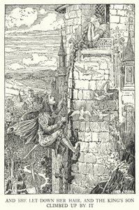 E ela soltou o cabelo, e o filho do rei subiu por ele (litho) de Louis John Rhead